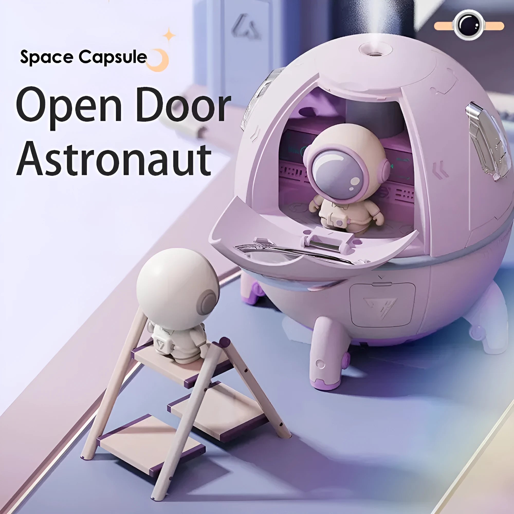 Light purple astronaut-themed USB humidifier with colourful LED lights on desktop