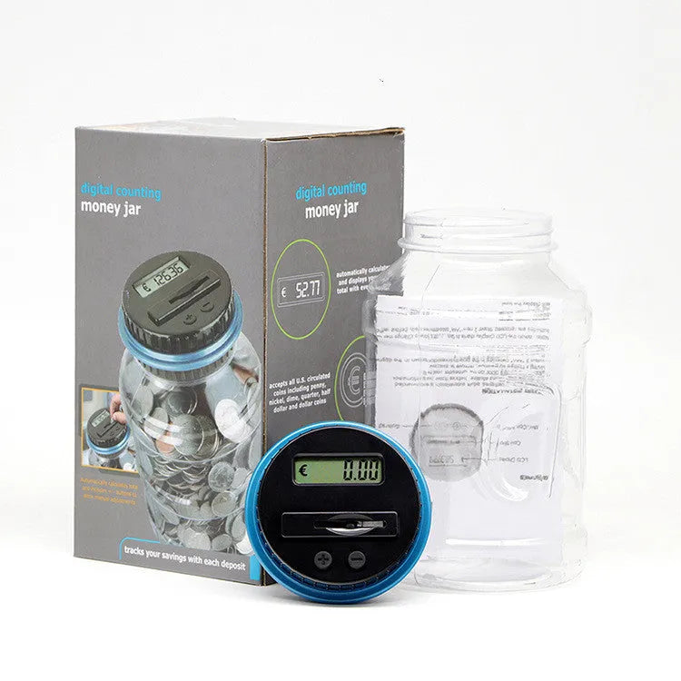 Transparent digital coin counting money box with LCD screen on black lid, 11.5cm by 20cm