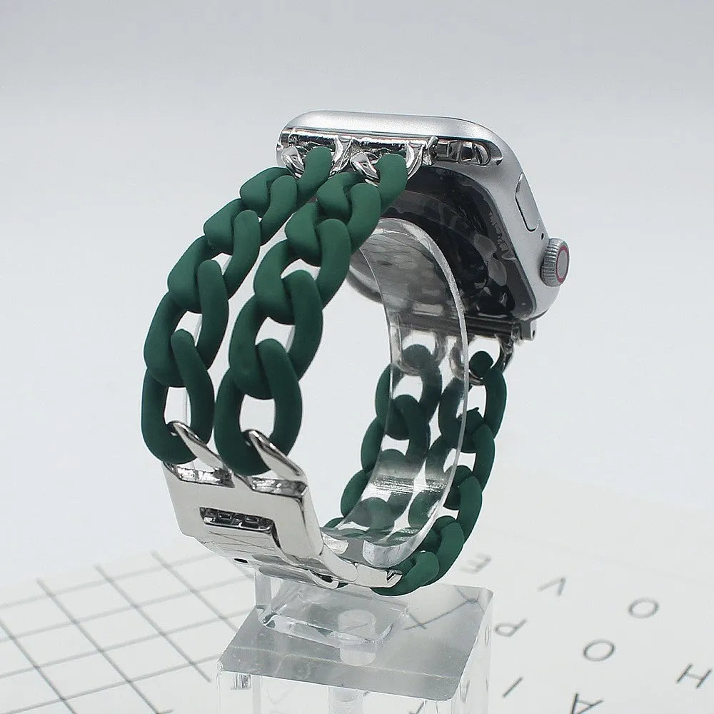 Resin splicing metal denim chain watch strap in silver on a wrist