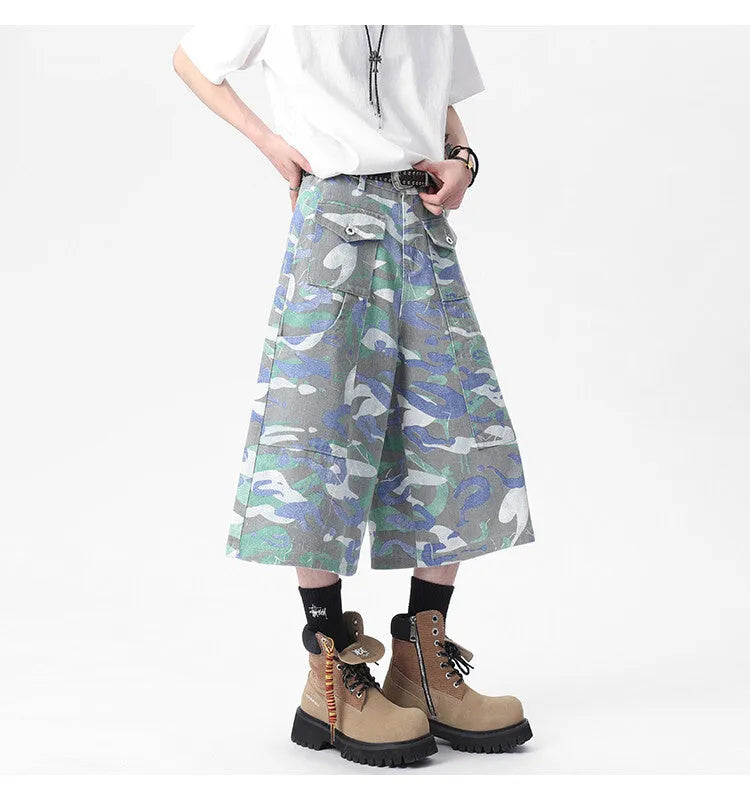 Camouflage colour cotton cropped work trousers with a straight leg and front pocket