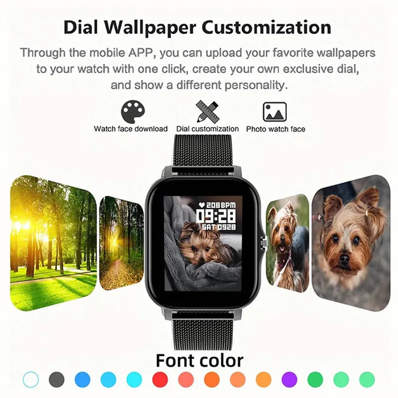 Smart watch with touch screen showing Bluetooth calling and health tracking features on silicone strap