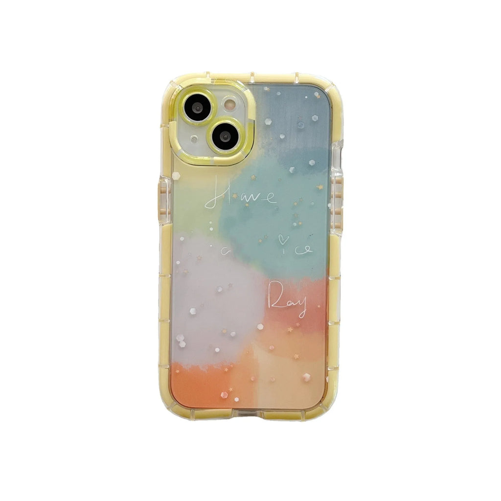 Minimalist yellow-edged silicone phone case for iPhone 14 and other models on a table.