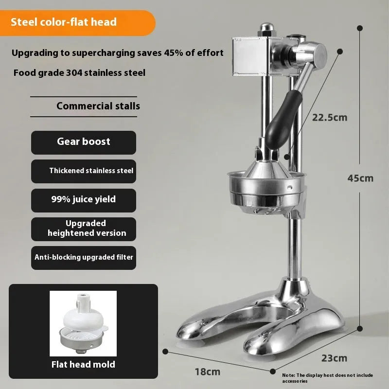 Stainless steel manual vertical citrus juicer on a countertop, showing optional colour finishes and head styles.