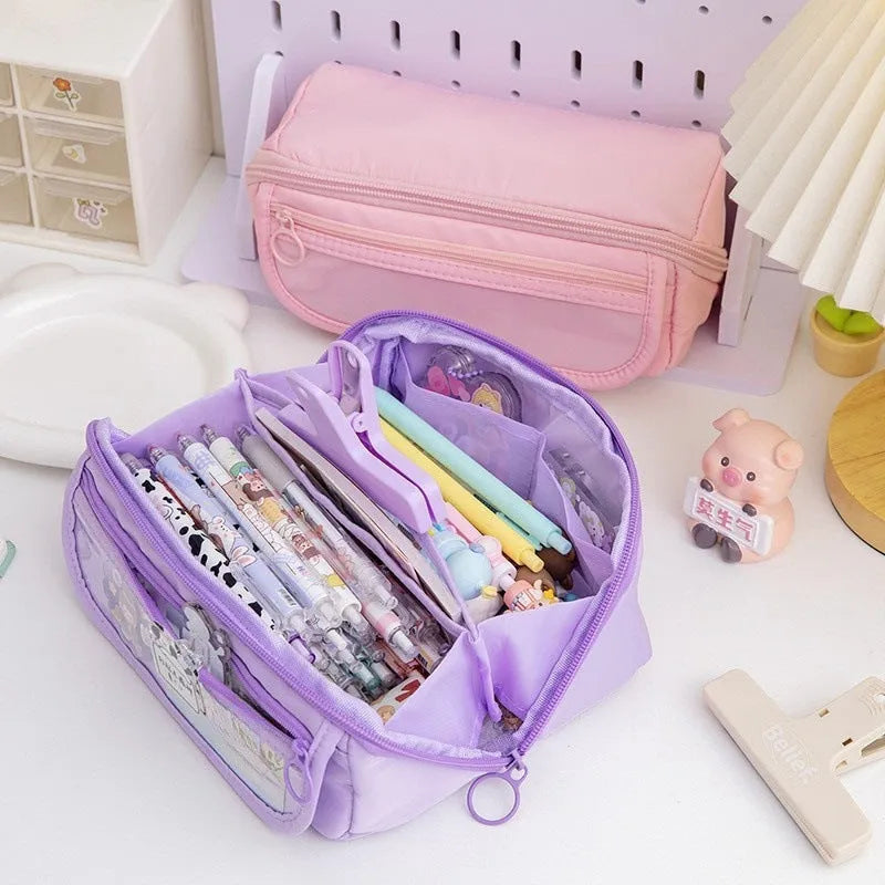 Korean canvas pencil case with ten-layer flip design in six colour options
