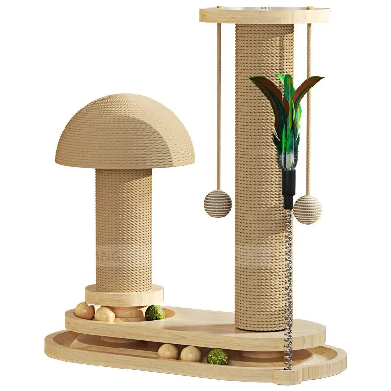 Solid wood cat scratching post with a central turntable, shown in a basic style big flower design