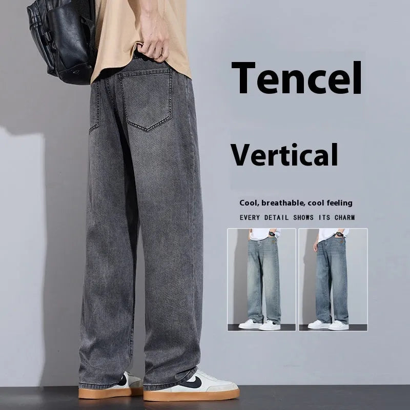 Straight leg casual trousers in denim ice silk fabric with wide leg cut