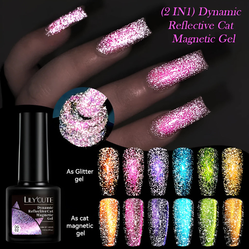Cat eye UV gel nail polish bottles showing six fluorescent colours with diamond glitter fragments