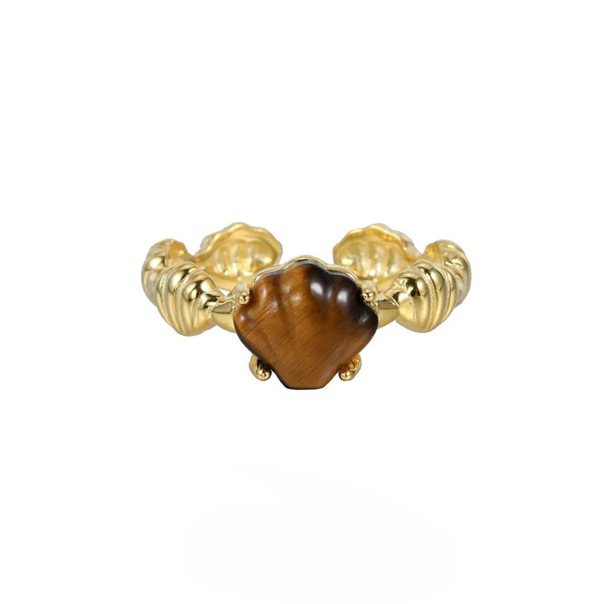 Women's adjustable silver ring with shell decoration and tiger eye stone in white gold finish