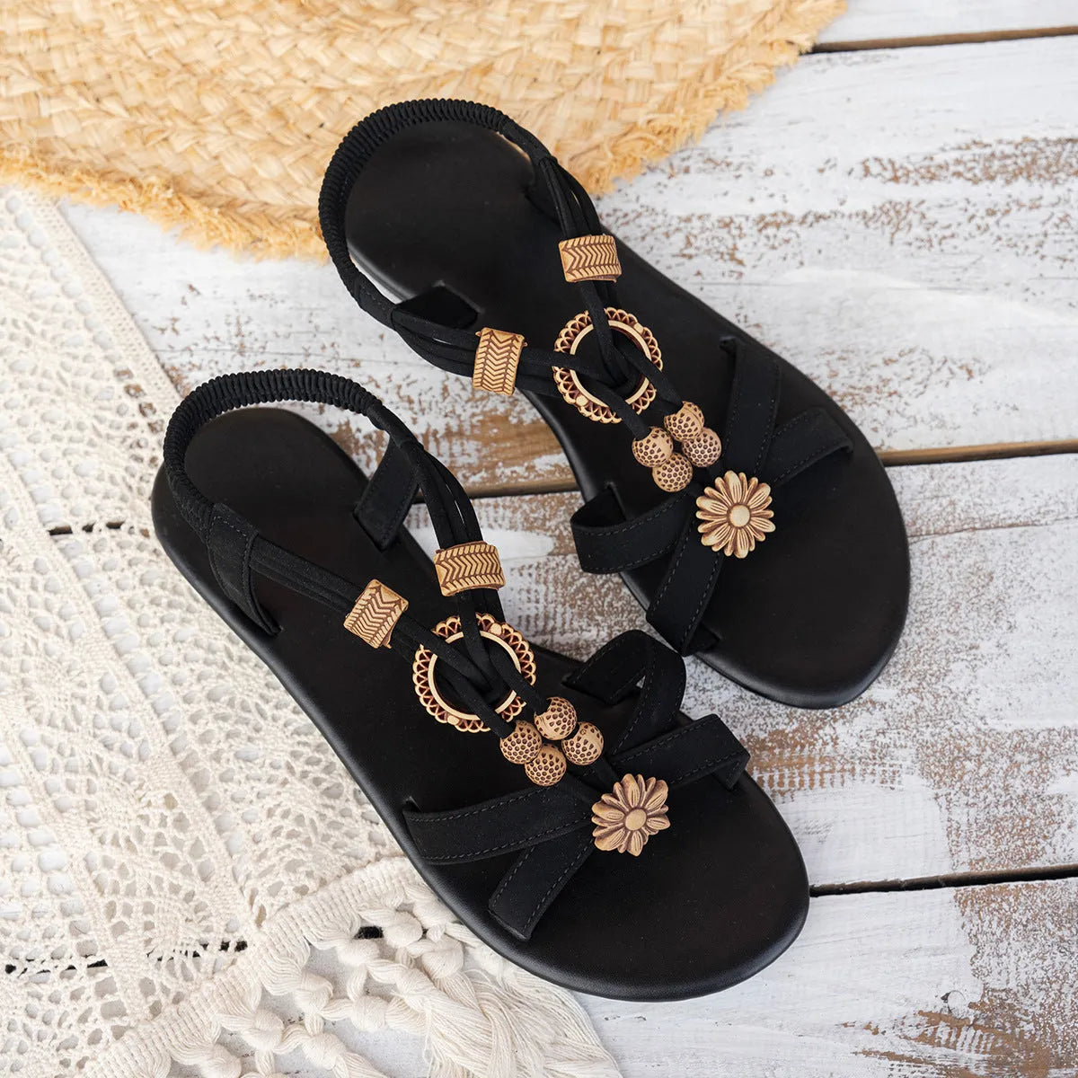 Black ethnic style women's flat sandals with beaded weave and rhinestone decoration