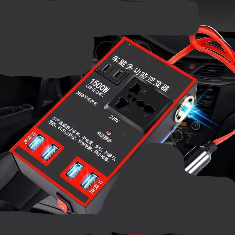 Black automotive power converter converting 12V/24V vehicle power to 220V AC with 4 USB charging ports