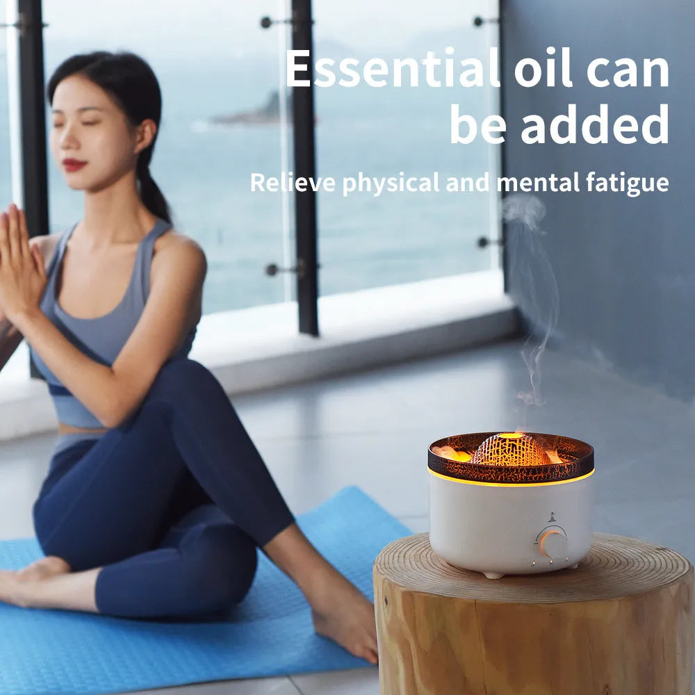 White ultrasonic simulated flame humidifier with remote control and low noise, 162x162x128mm