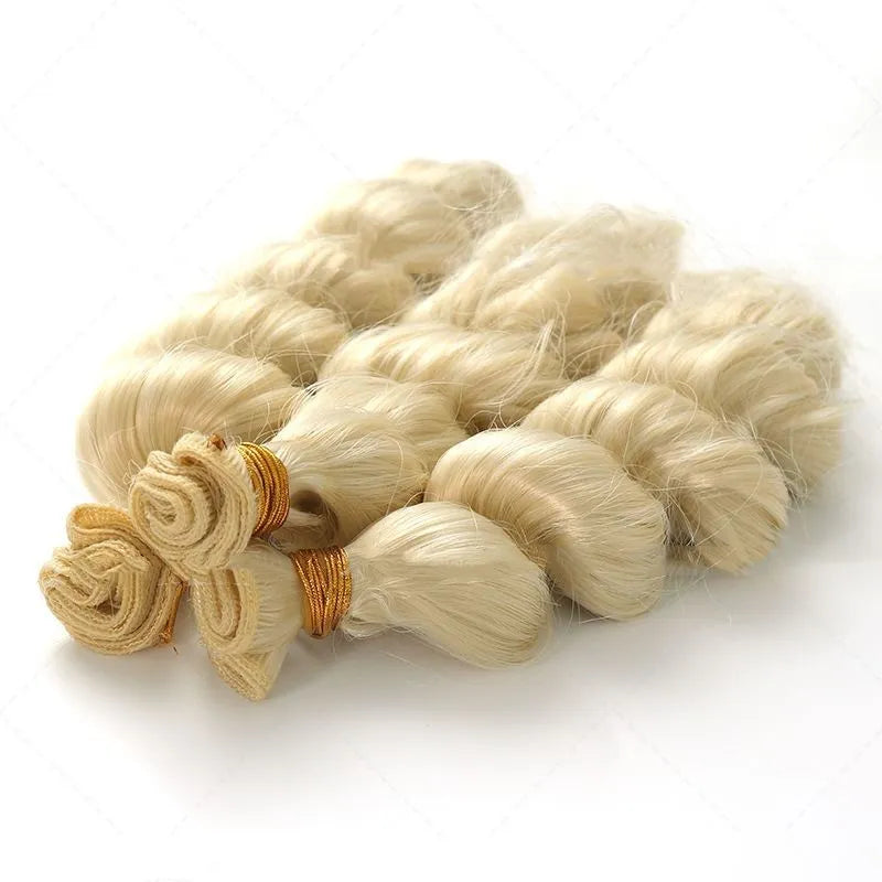 Golden high temperature fibre wig for ladies shown in 18, 20 and 22 inch length options.