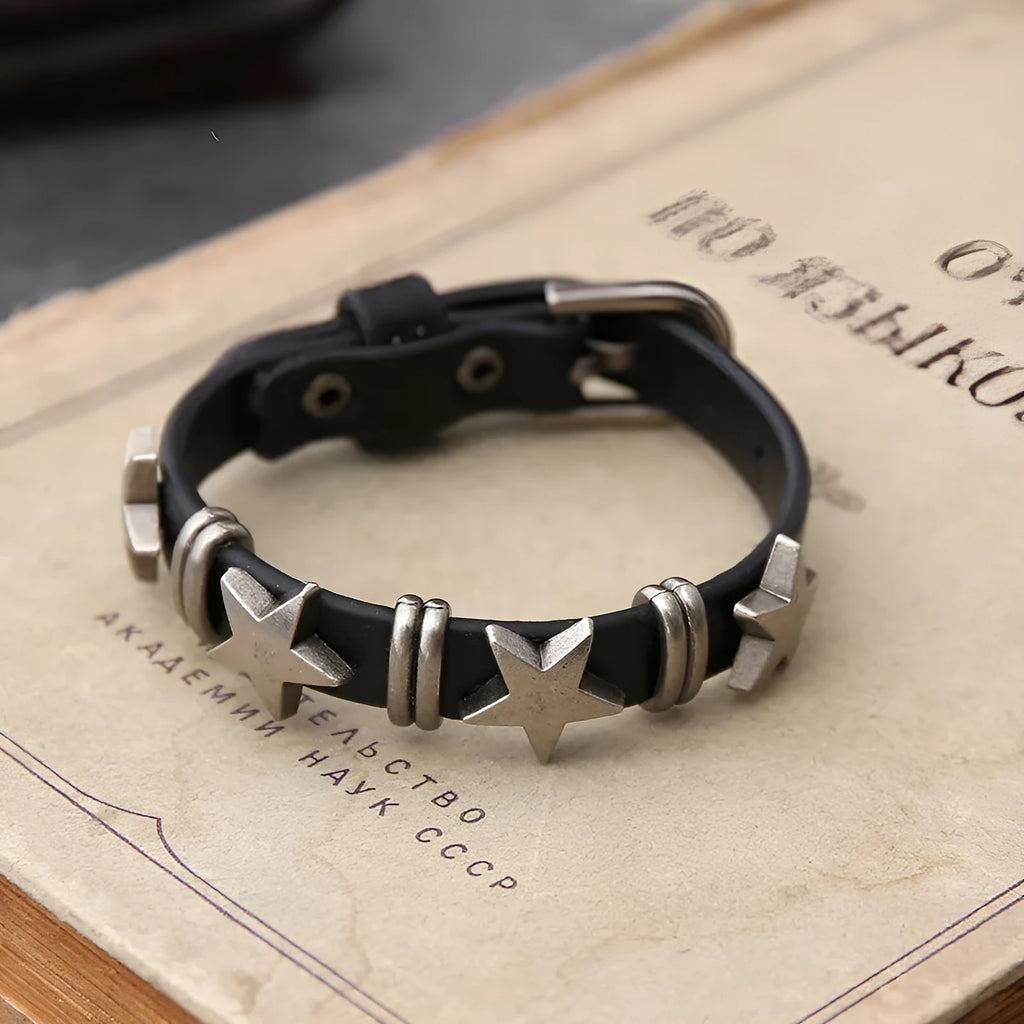 Black cowhide leather bracelet with five-pointed star design, unisex, retro punk style