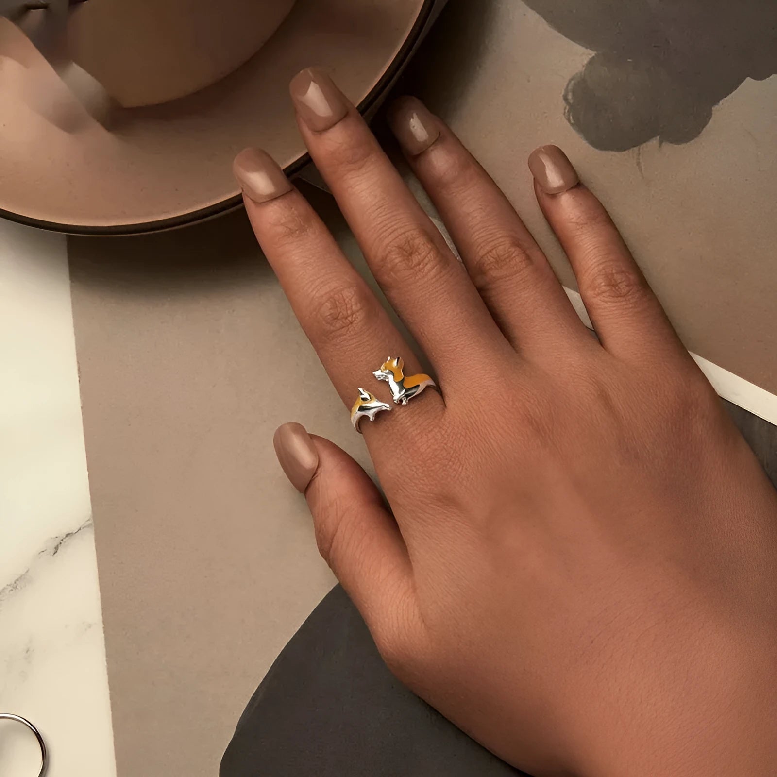 Silver electroplated corgi pet ring with adjustable band and cartoon animal design
