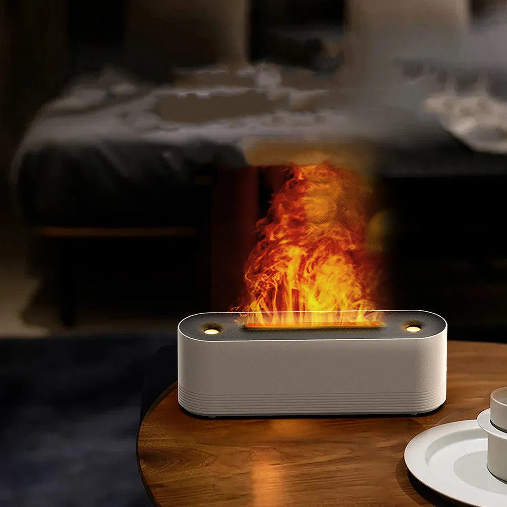 Black ultrasonic humidifier with LED flame lighting and water mist emission