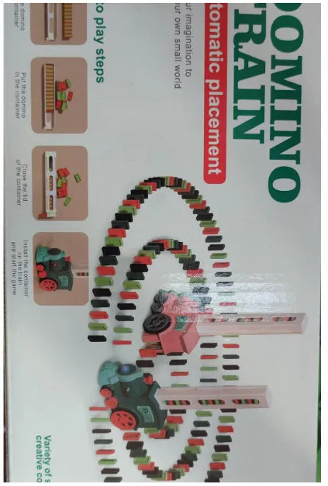 Domino train toy with 100 plastic dominoes in random colours, including toy train and card storage box