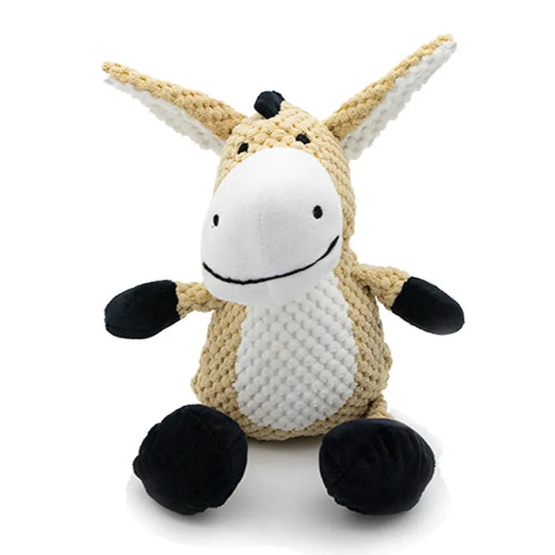 Dog plush squeaky toy in animal shape – donkey, elephant, orangutan, or rabbit – for teeth cleaning and interactive play