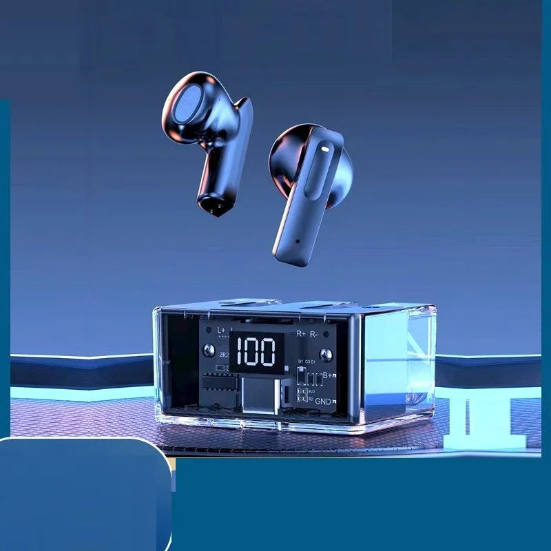 Jerry chip true wireless Bluetooth headphones in a transparent space capsule case, colour options shown