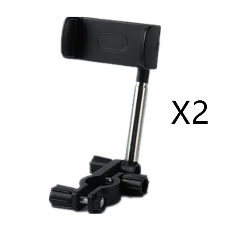 Black ABS plastic mobile phone bracket mounted on car rearview mirror holding smartphone