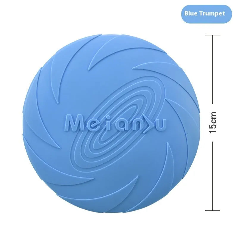 Soft rubber dog frisbee fetch toy shown in blue, green, and red colours for small, medium, and large sizes.