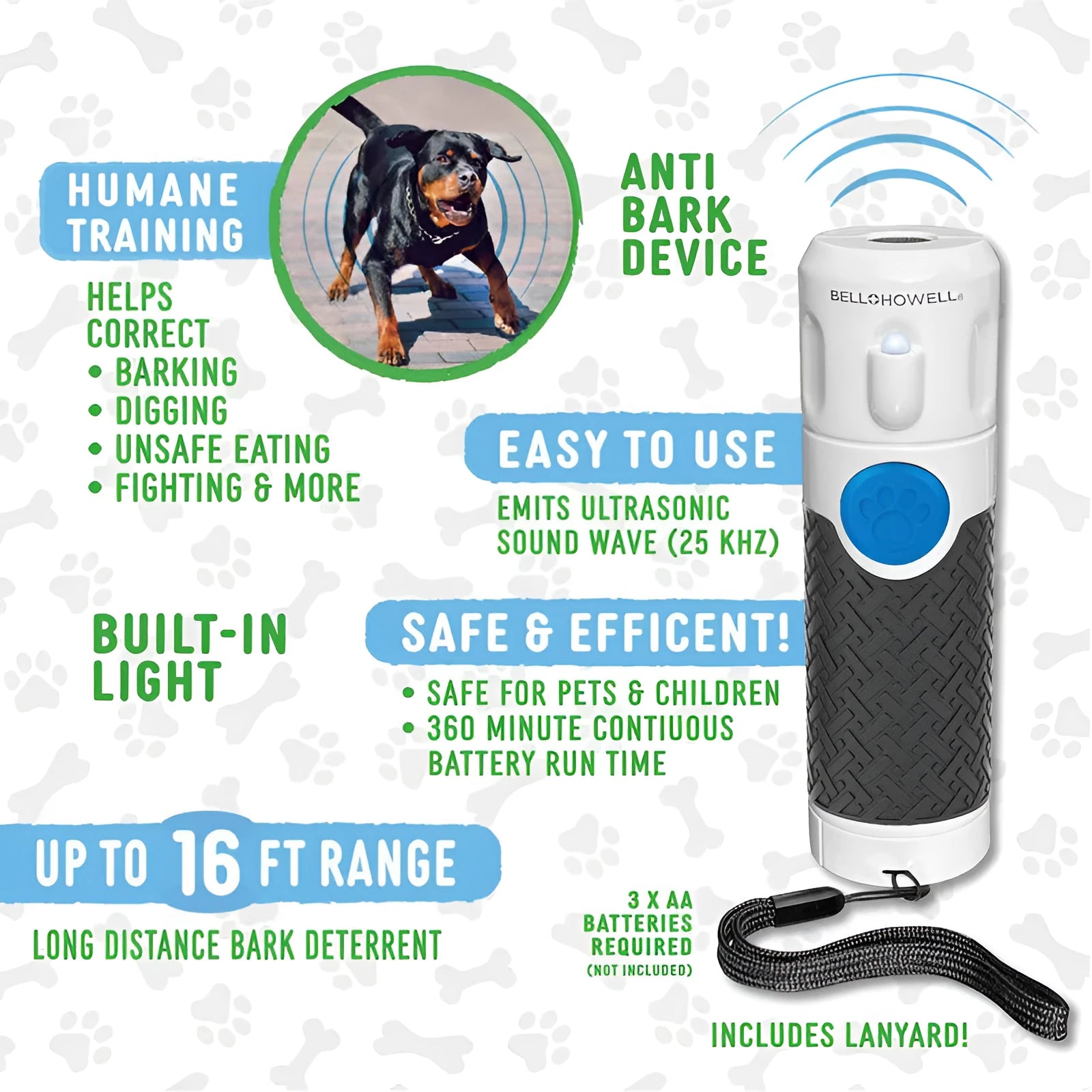 White handheld ultrasonic dog bark control trainer unit on a white background.