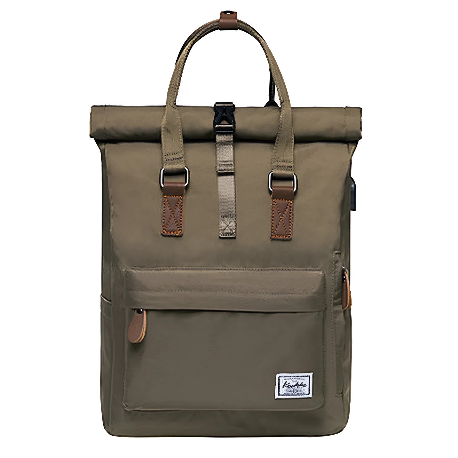 Men's casual polyester backpack in black showing cover-type opening and laptop pocket