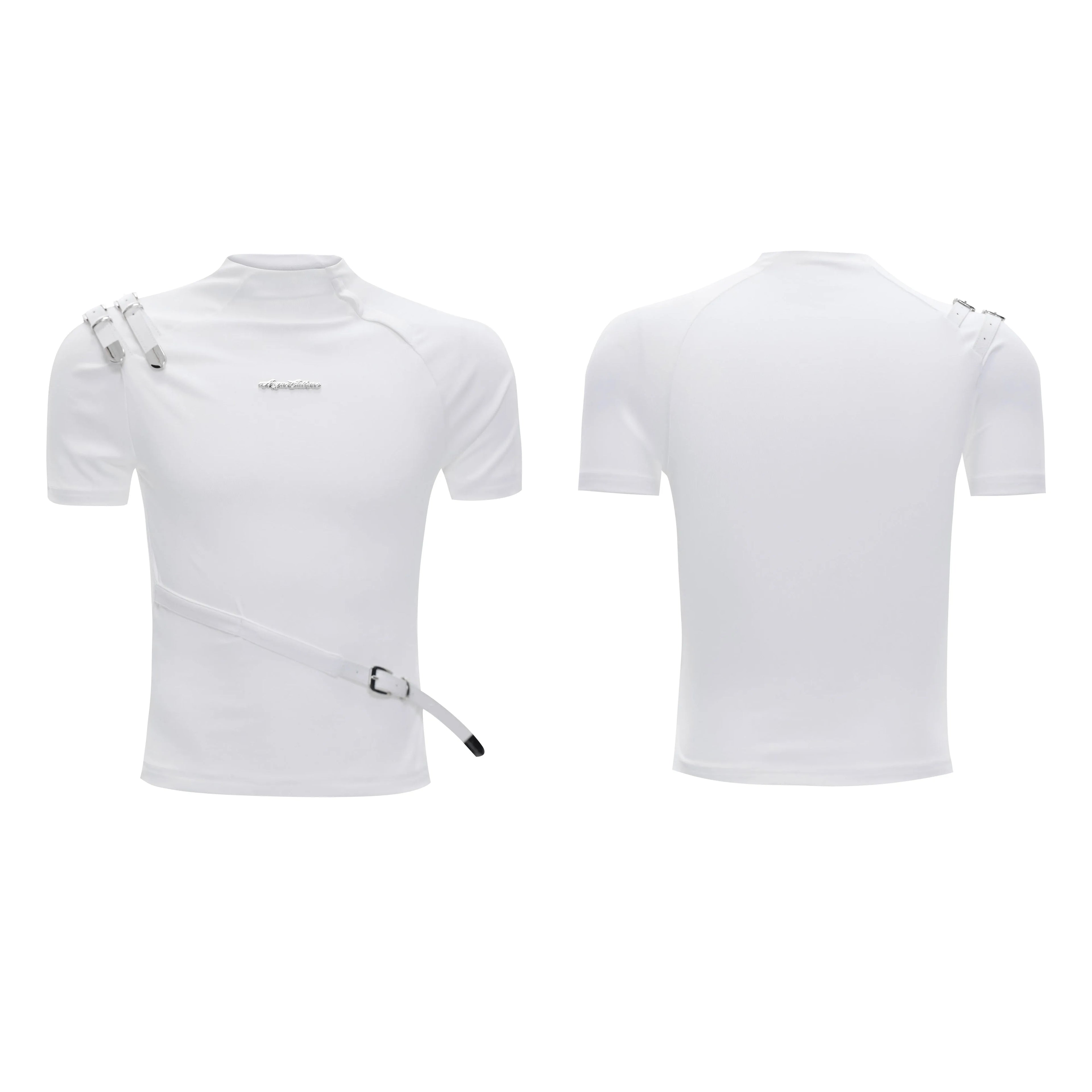 Men's black slim fit cotton T-shirt with metal belt detail and stand-up collar.