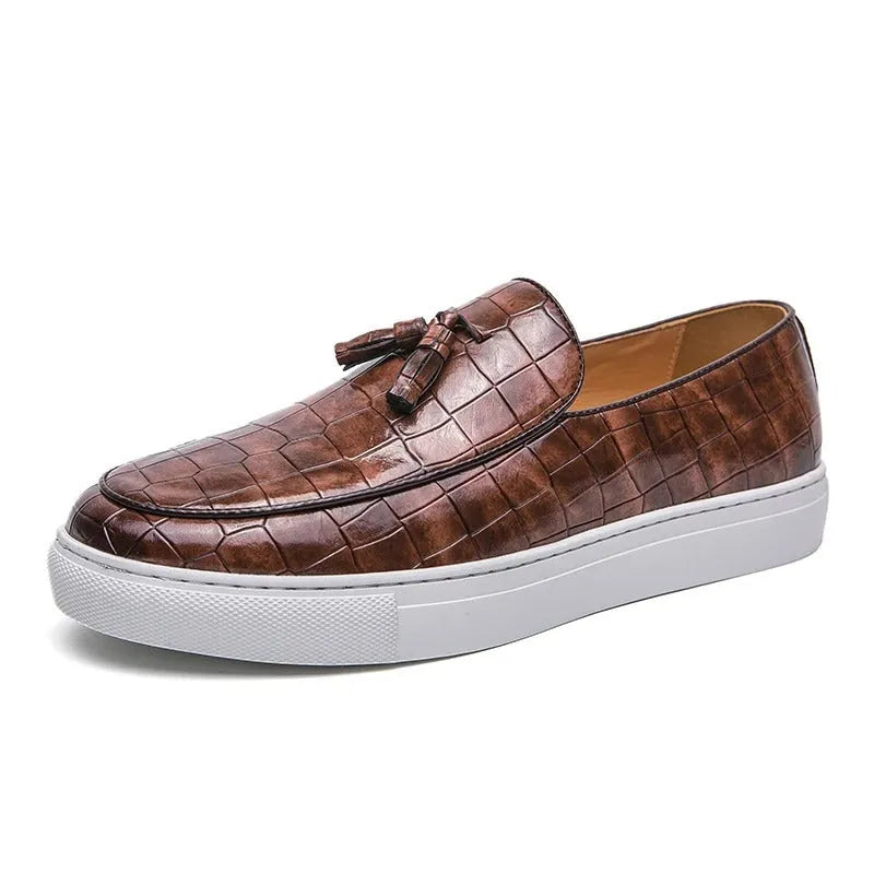 Men's black business casual sneakers with tassel detail on artificial PU leather upper
