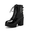 Women's black thick heel ankle boots with front lace-up and round toe