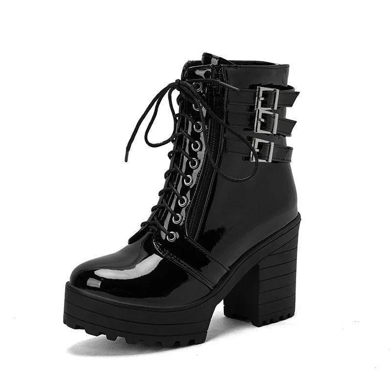 Women's black thick heel ankle boots with front lace-up and round toe