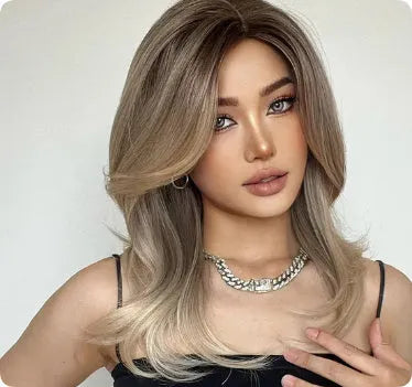 Mid-length gradient colour curly wig with long fringe in high-temperature fibre material