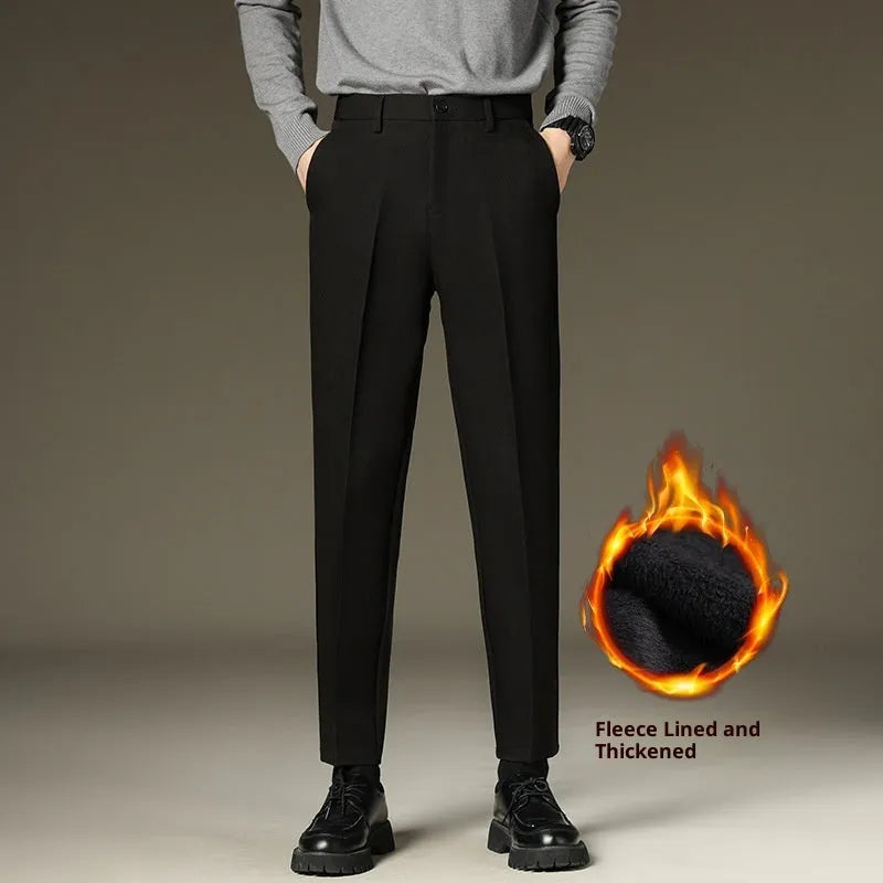 Men's black straight-leg fleece padded suit pants with wool lining, zipper fly, and mid-waist fit