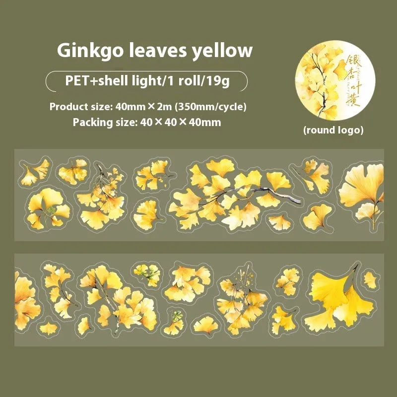 Roll of PET decorative stickers showing six botanical colour designs with 40mm width and 2m length dimensions