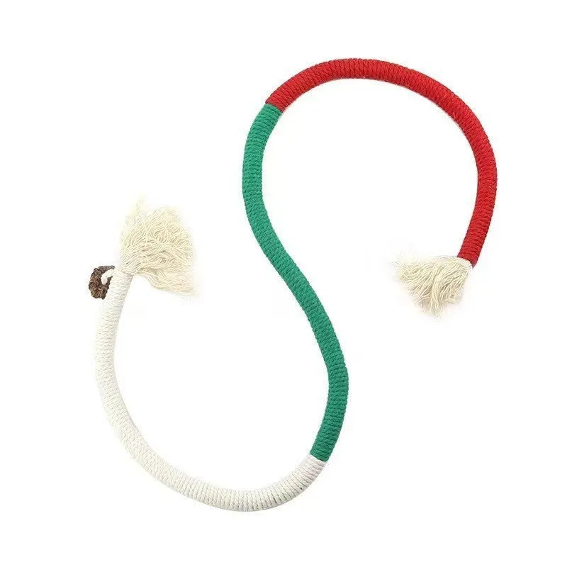 Bite-resistant cat teaser toy with a long cotton string and a catnip stuffy attached, showing purple, orange, and green colour options.