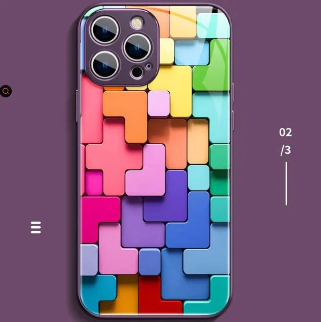 Cartoon geometric silicone phone case for iPhone models showing black, silver and pink glass colour options