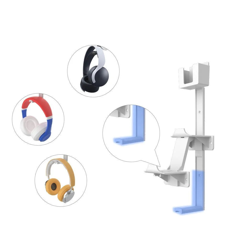 White wall-mounted plastic hook holding a PS5 controller and a gaming headset.