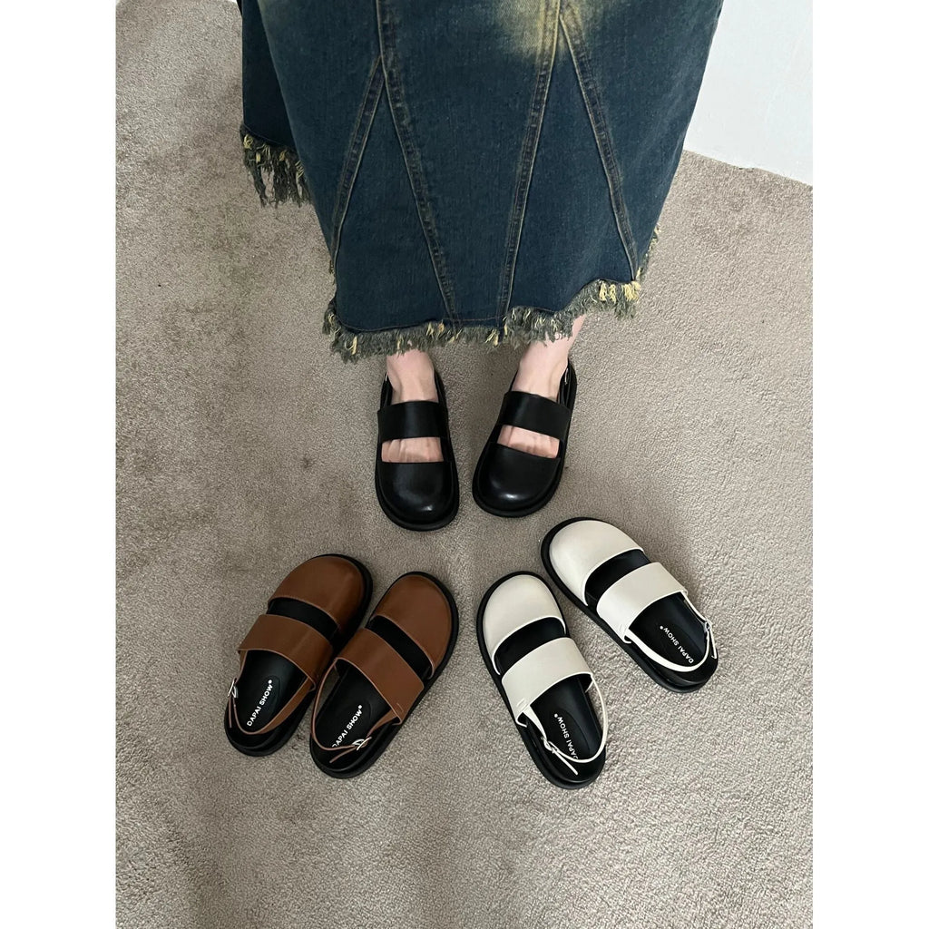 Retro raise the bottom closed toe sandals with ankle-strap buckle in apricot colour