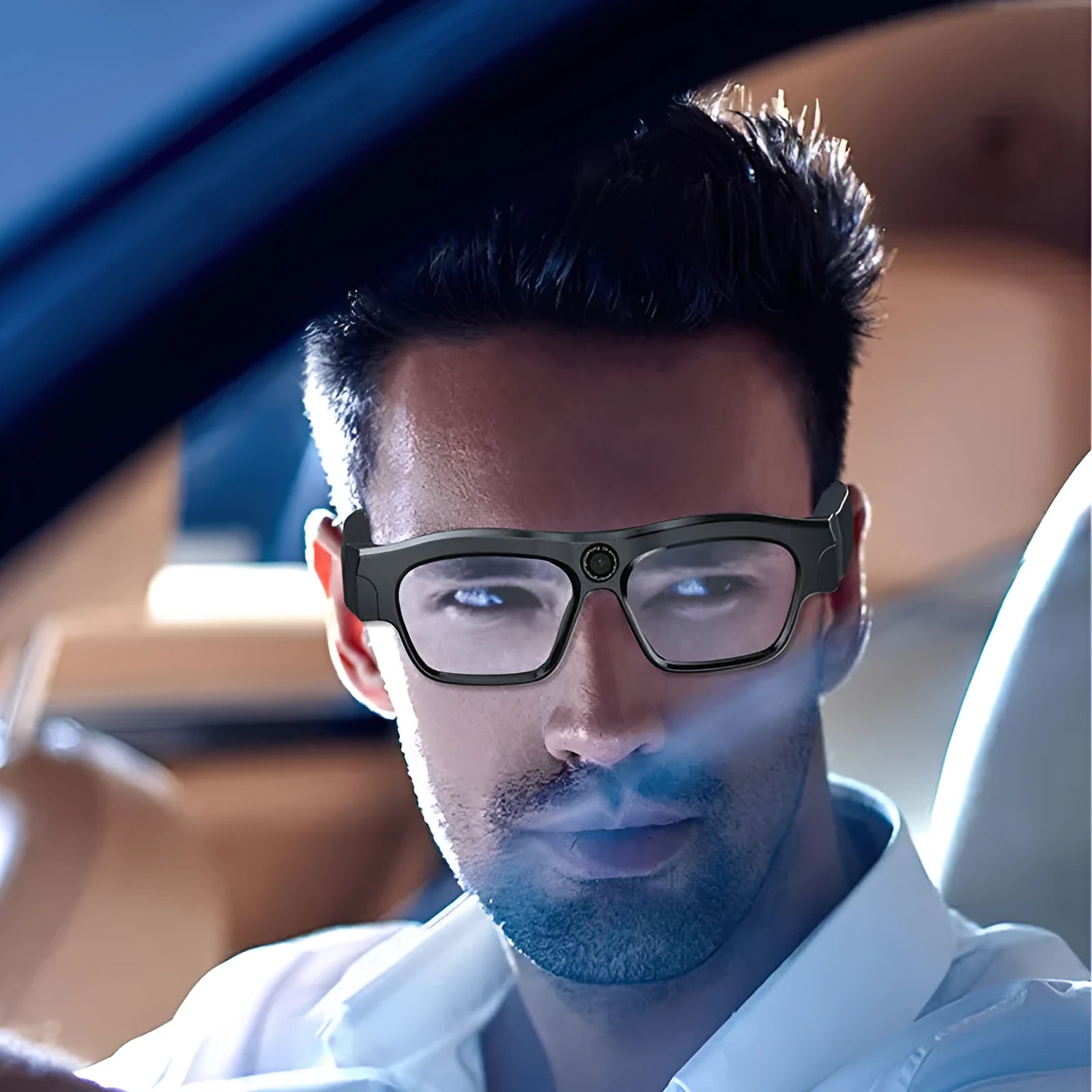 Black smart Bluetooth glasses with integrated camera for video recording