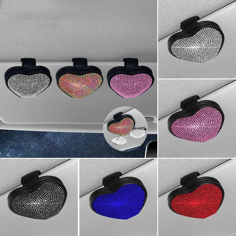 Diamond-encrusted PU leather car sun visor clip with magnetic closure for storing glasses and tickets.