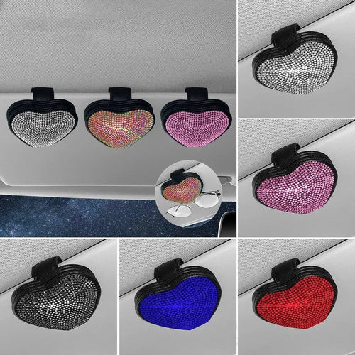 Diamond-encrusted PU leather car sun visor clip with magnetic closure for storing glasses and tickets.