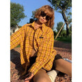 Original American dopamine yellow plaid shirt in loose cardigan style with polyester fibre blend fabric
