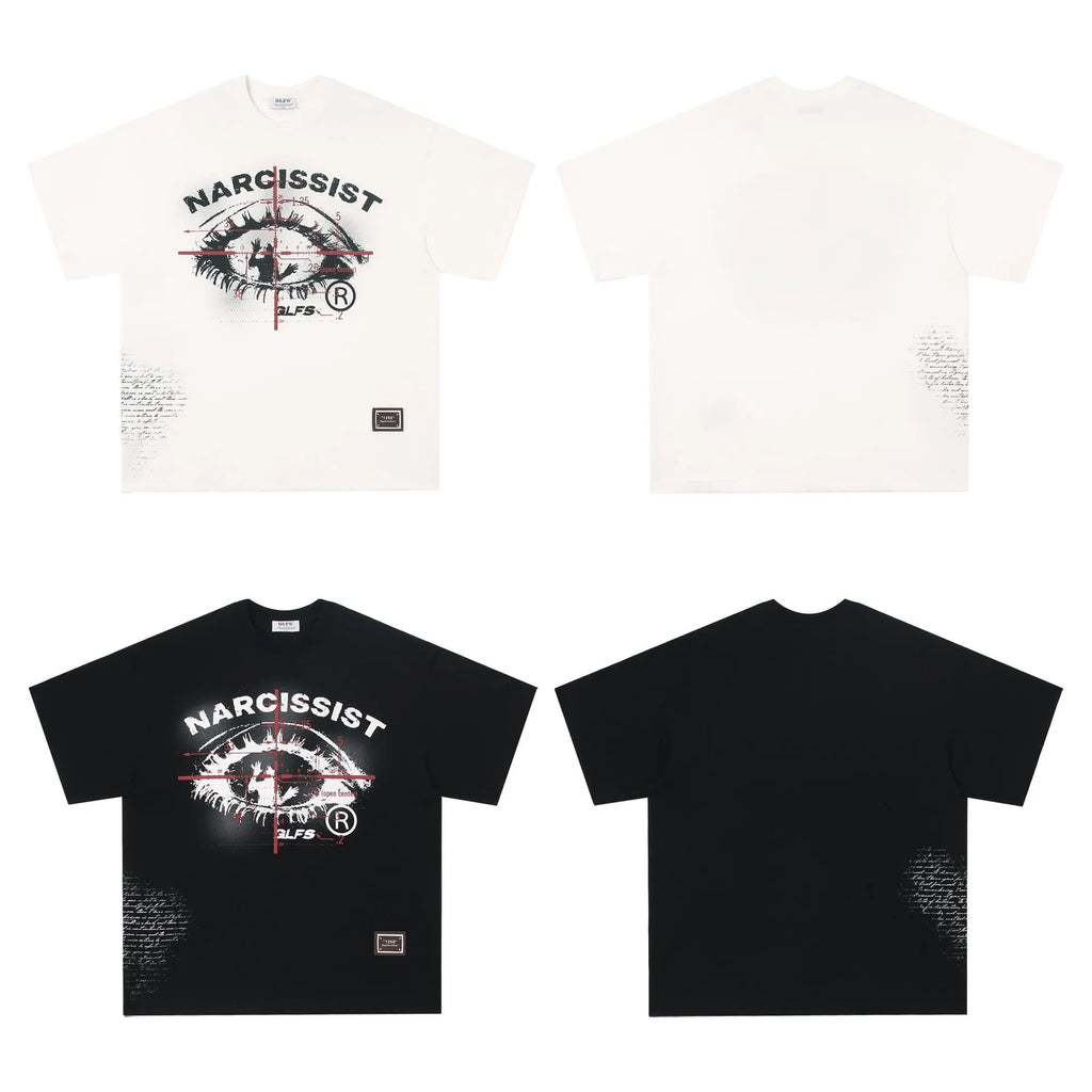 Black and white cotton t-shirt with retro letter print, shown in sizes for teenagers.
