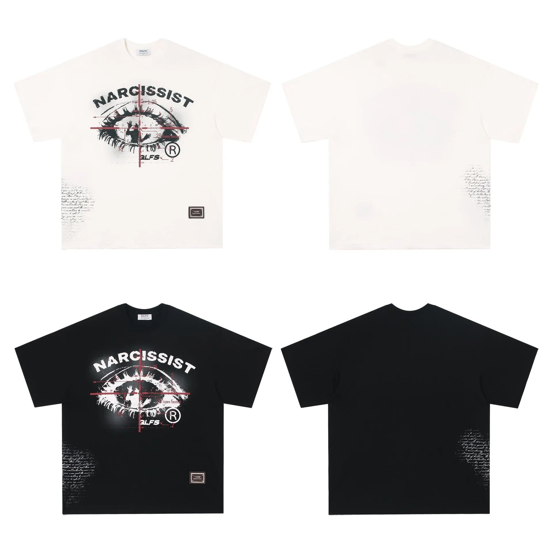 Black and white cotton t-shirt with retro letter print, shown in sizes for teenagers.