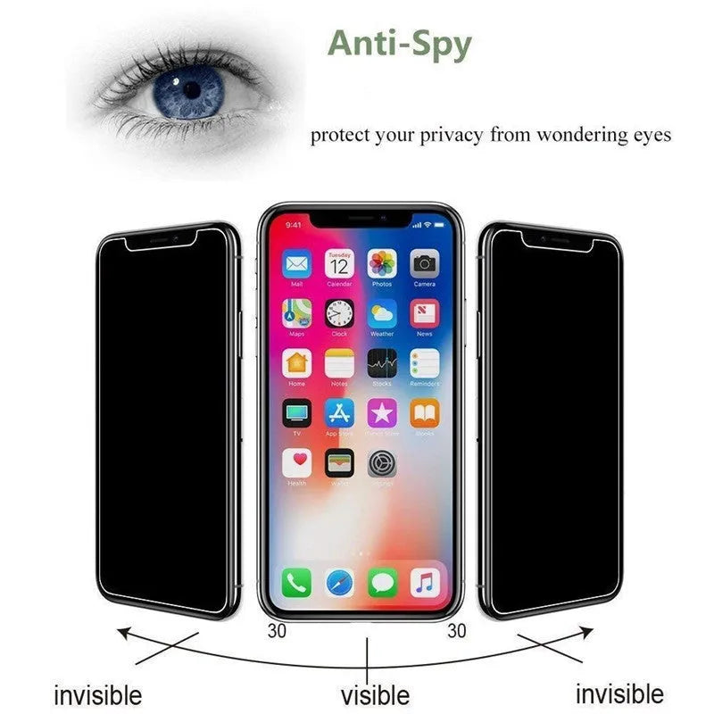 Black tempered glass privacy screen protector for Apple iPhone on a table