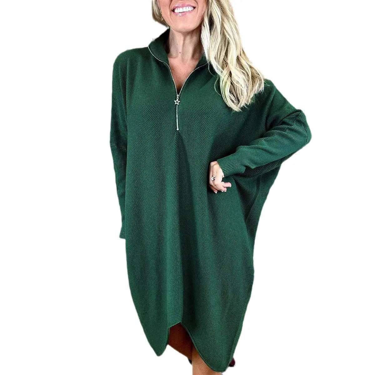 Women's solid colour loose knitted dress with raglan sleeves and a front zip detail