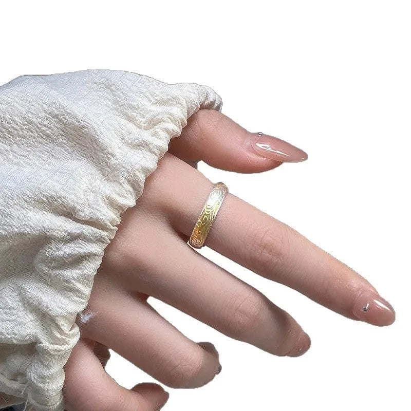 White copper adjustable ring with geometric Xiangyun pattern in silver gold electroplated finish