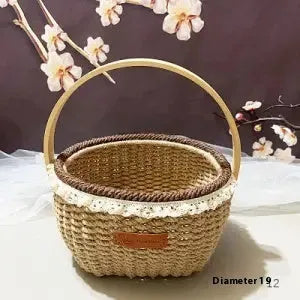 Coffee brown hand-woven straw basket with hemp rope detailing, 19cm long by 12cm wide
