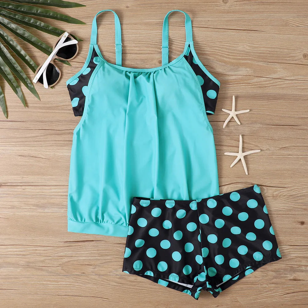 Women's high-waisted polka dot boxer swimsuit in polyester fabric for sports and swimming