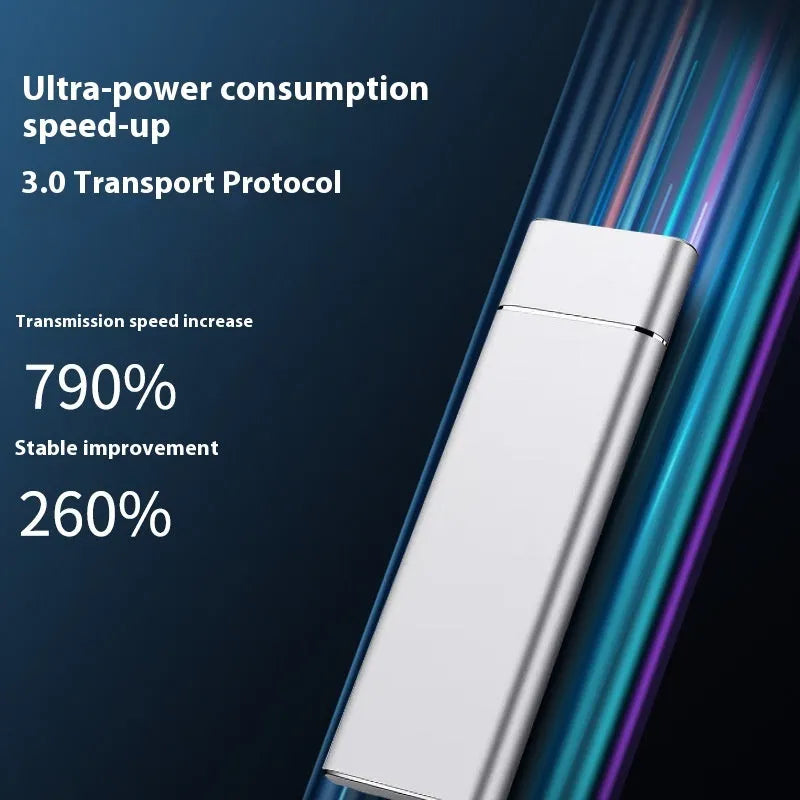 Sapphire blue portable solid state external hard disk with metal shell showing compact design