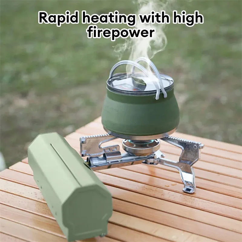Green folding camping gas stove with adjustable valve and anti-slip feet for outdoor cooking